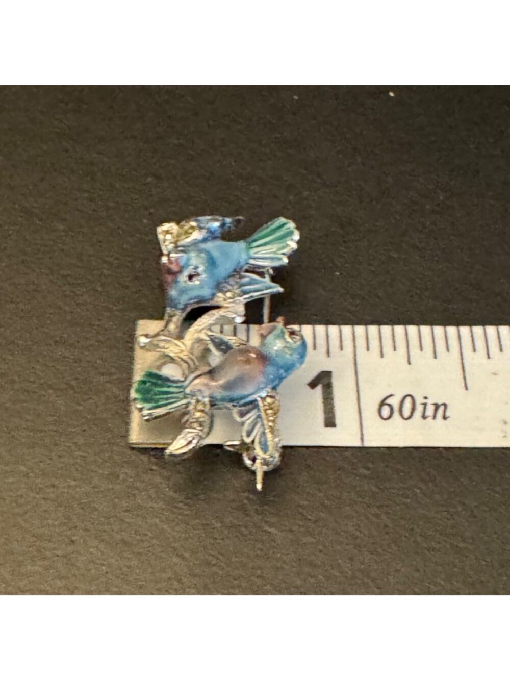 Vintage Enamel Bluebird Brooch With Rhinestone Accents On Silver Branch Design - Picture 6 of 8